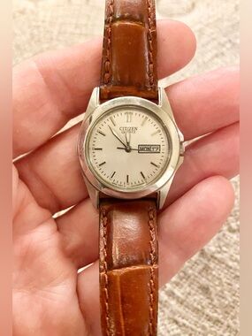 Citizen Women's Quartz Day Date Watch Stainless Steel Case Brown Leather Strap